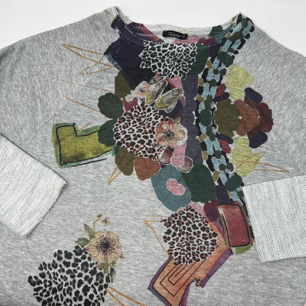 Inoah Gray Artsy Leopard Floral Collage 3/4 Sleeve Top Women's Size Small